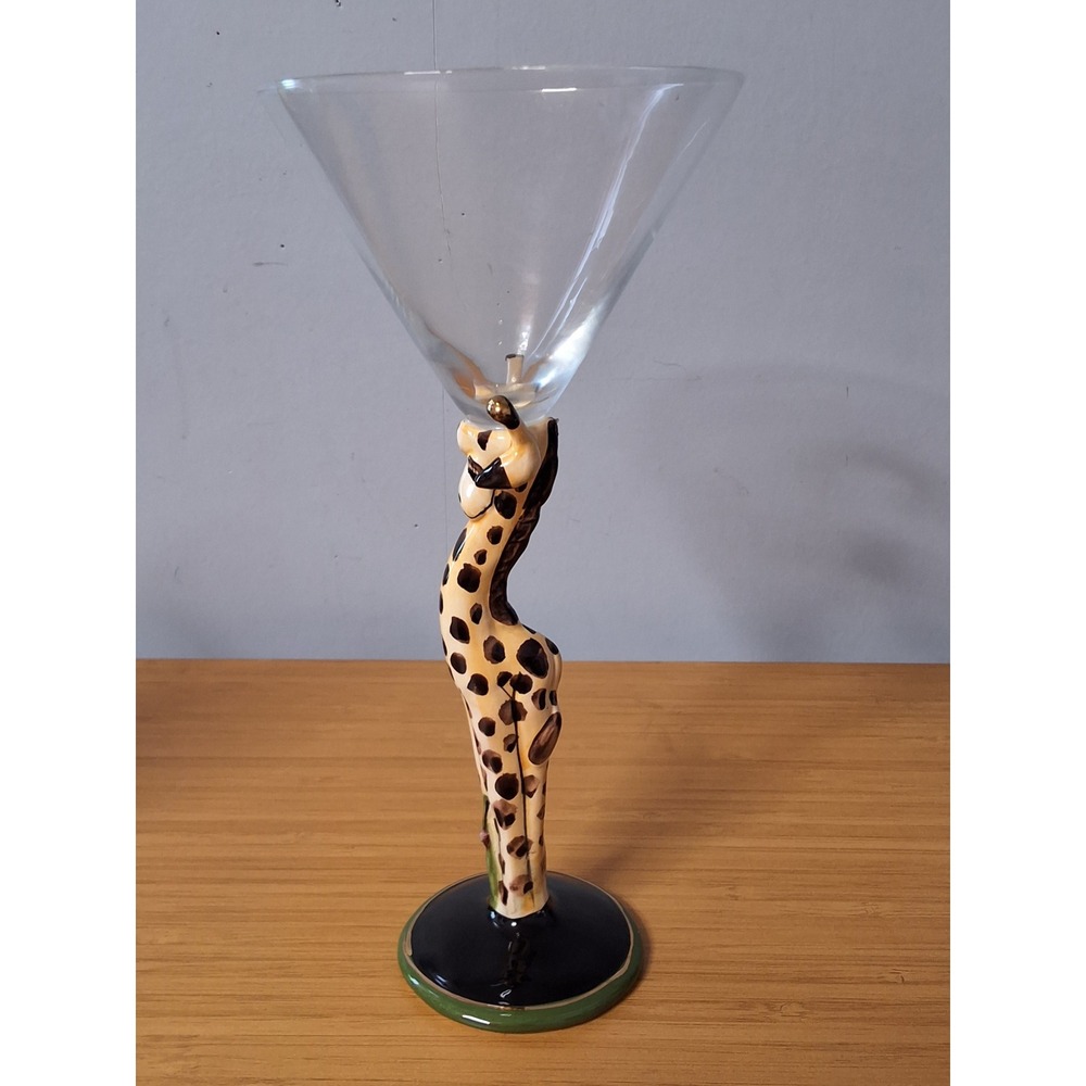 Blue Sky Heather Goldminc Giraffe Martini Glass Hand Painted Barware 2009